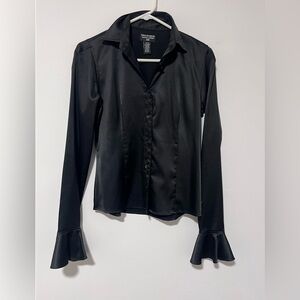 Polo Ralph Lauren Vintage Y2K Black Satin ButtonUp Blouse, Flare Sleeve, Small